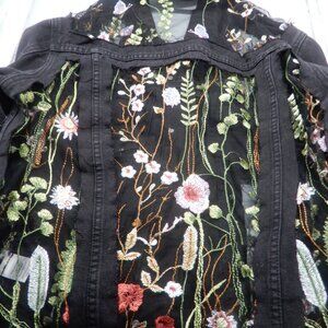 O&O Black Denim Jacket Sheer Floral Embroidered Mesh Boho - stunning - size L